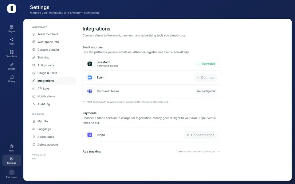 Open Settings → Integrations. The “Ads tracking” section sits at the bottom, collapsed; its summary line shows how many pixels are active and whether the consent banner is on.
