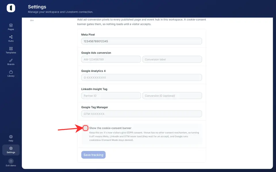 The consent banner is Venue’s only consent mechanism — leave it on for GDPR.