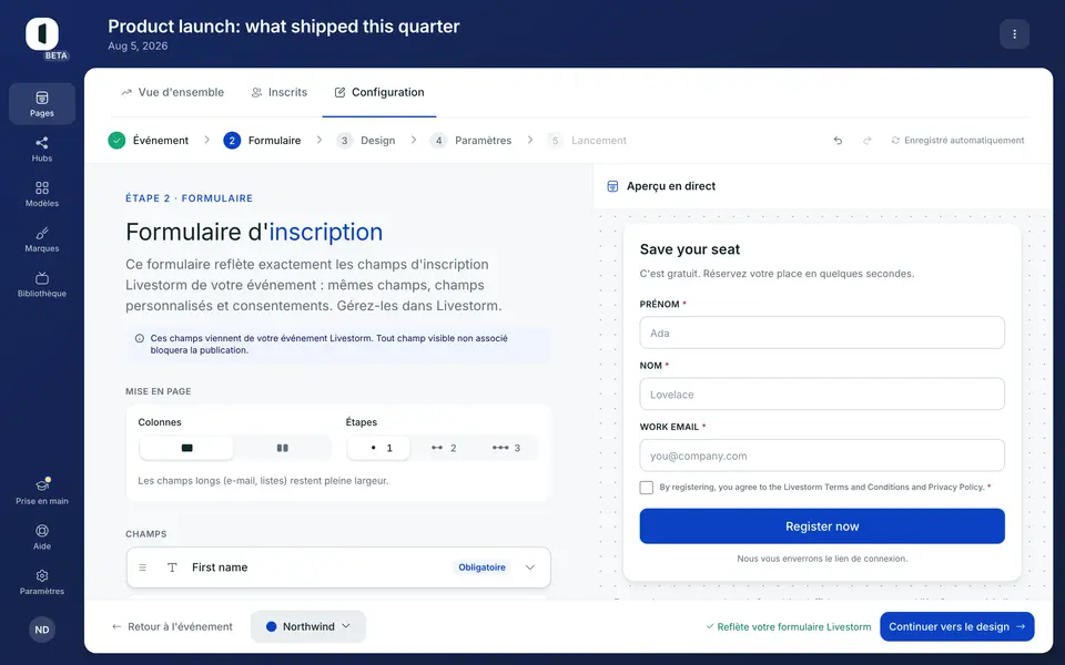 Le bouton « Register now » est passé du violet ACME au bleu Northwind.