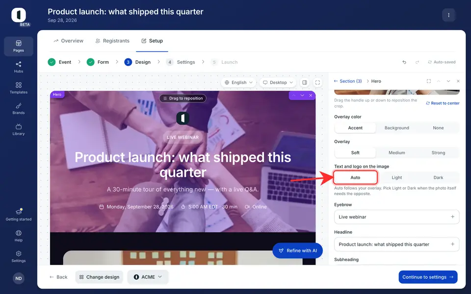 On step 3 · Design, select the header (the “Hero” section). Once it has a cover image, “Text and logo on the image” sits below the overlay settings, set to “Auto”.