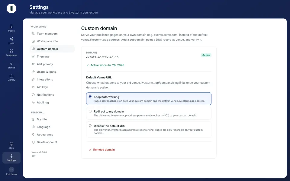 Active custom domain settings in Venue