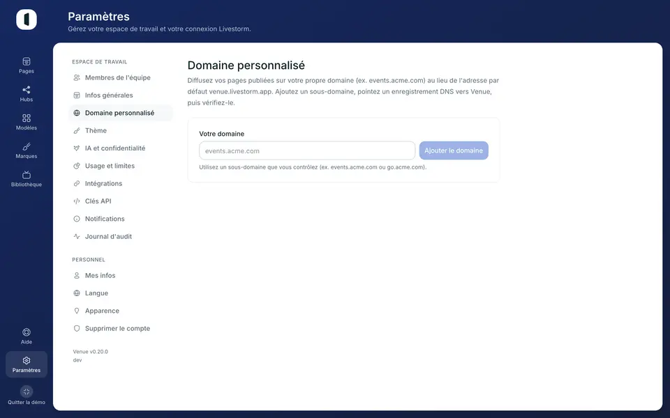 Ouvrez Paramètres → Domaine personnalisé. Seuls les admins de l'espace de travail peuvent y toucher, puisque le réglage concerne toutes les pages publiées.