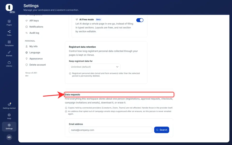 Open Settings → AI & privacy and scroll to Data requests, the last section of the tab, below Registrant data retention.