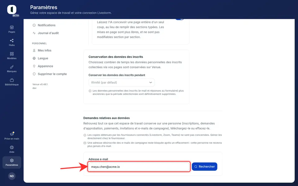 Saisissez l’adresse e-mail de la personne et cliquez sur Rechercher. Majuscules et espaces autour de l’adresse n’ont aucune importance.
