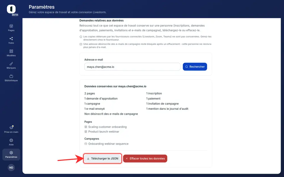 Si l’espace de travail ne conserve rien pour cette adresse, la section vous le signale.