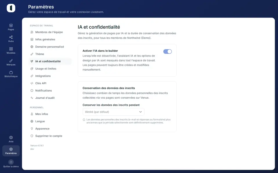Ouvrez Paramètres → IA et confidentialité. La conservation des données des inscrits est la deuxième carte, sous la génération de pages par IA.