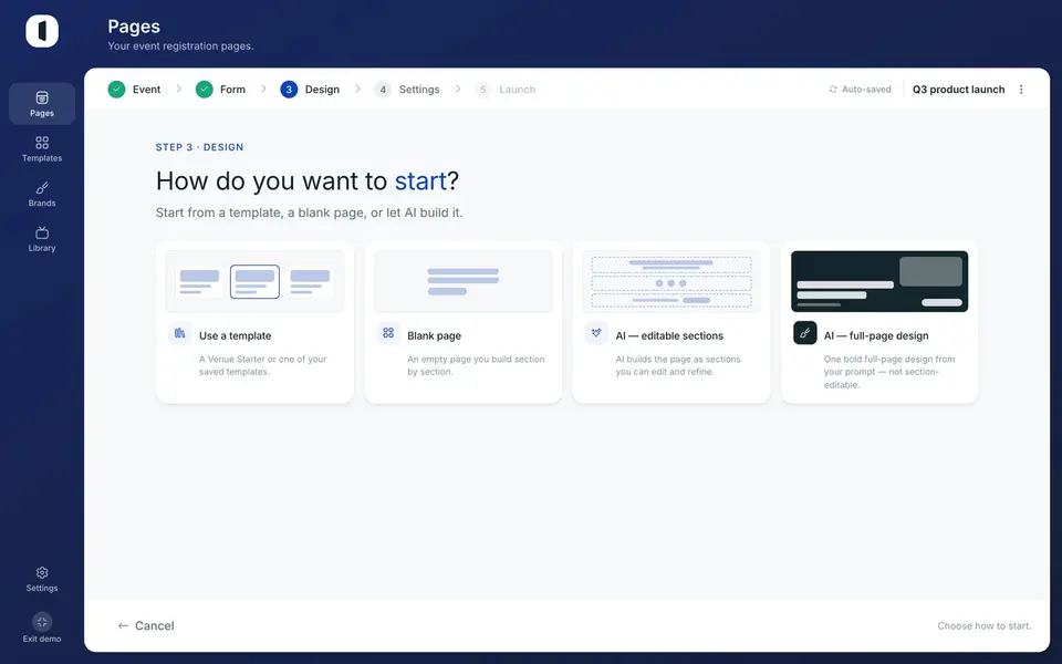 “AI — full design” produces a page you can't edit section by section; “AI — editable sections” stays adjustable.