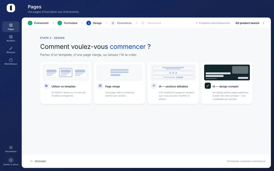 « IA — design complet » produit une page non modifiable par section ; « IA — sections éditables » reste ajustable.