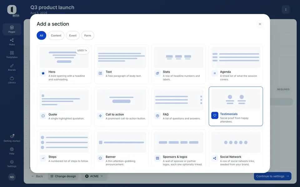 Click “Add section” to insert a new block, then reorder the sections by dragging them in this panel.