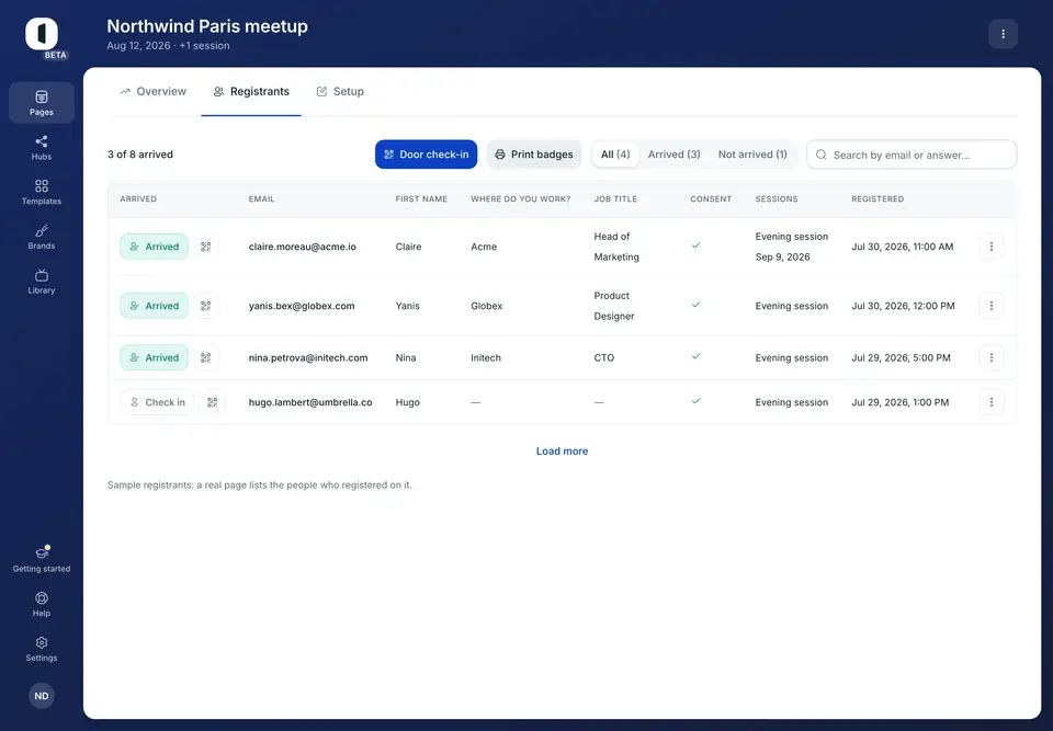 Open the “Registrants” tab of an in-person page. The table gains an “Arrived” column, and the counter at the top reads “N of M arrived”.