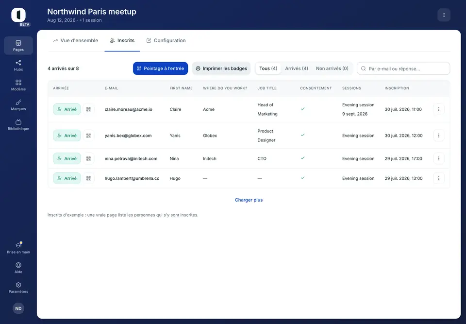 Appuyez sur « Pointer » sur sa ligne. Elle passe à « Arrivé » et le compteur se met à jour.