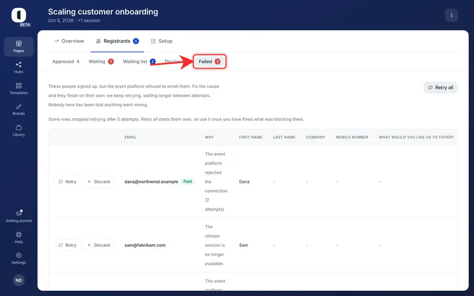 Open the page’s “Registrants” tab. The “Failed” view appears beside the other views as soon as someone is stuck, with a red count.