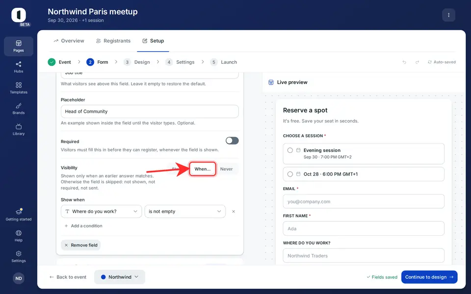 The operators follow the type of the field being read: a dropdown offers “is” and “is any of”, a date “is before” and “is after”, a checkbox “is ticked”.