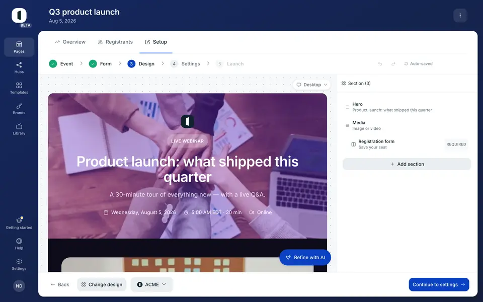 Open your page in the builder, on step 3 · Design.