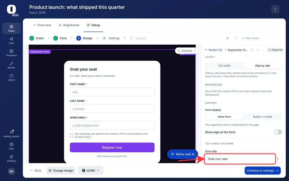 Replace the form title with a message in your own voice. The preview updates as you type.