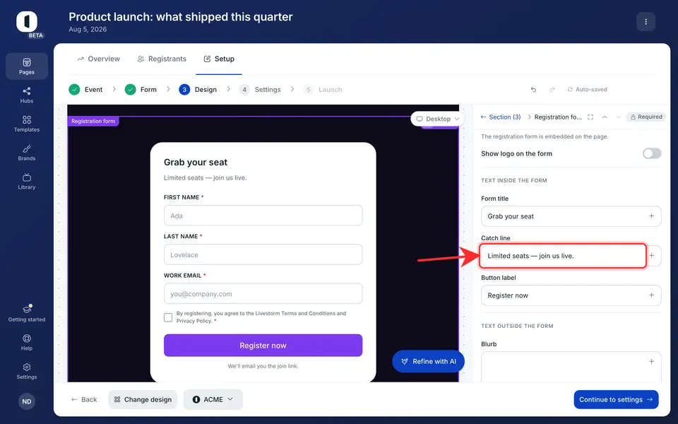 Custom title and catch line, visible right away in the live preview.