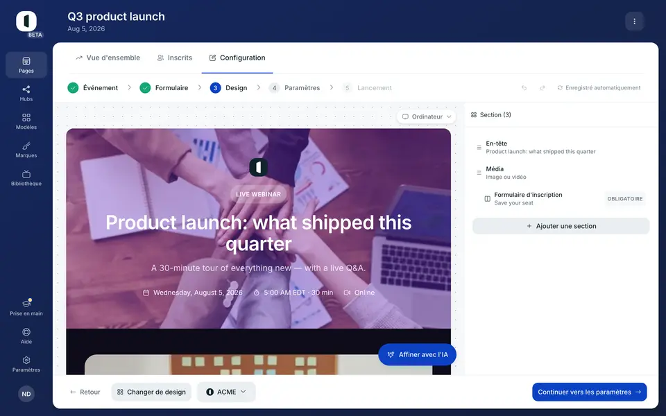 Ouvrez votre page dans le builder, à l'étape 3 · Design.