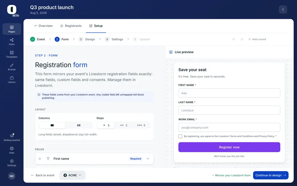 On step 2 · Form, the field list shows exactly what's configured in Livestorm — including custom fields and consent checkboxes.