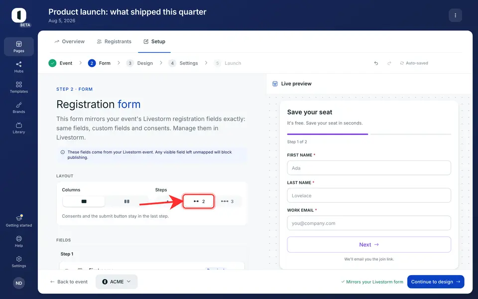 Choose 2 steps. The live preview immediately shows the progress bar, “Step 1 of 2” and the Next button.