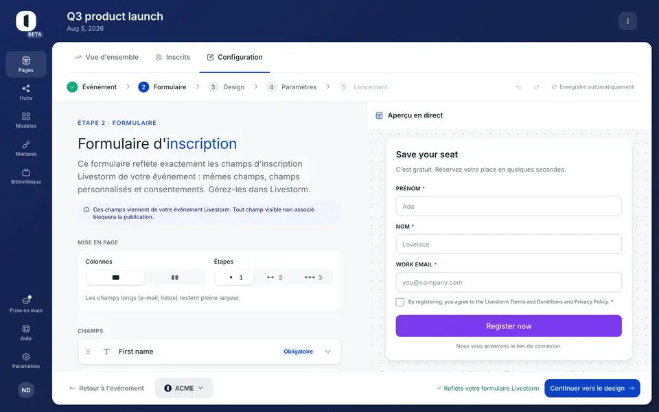 Ouvrez votre page dans le builder, à l'étape 2 · Formulaire. Le réglage Étapes se trouve dans la carte Mise en page, sous la liste des champs.