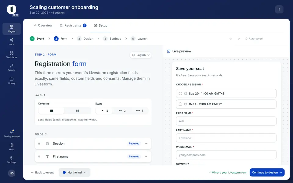 Open your page on step 2 · Form. The same language pill as on the Design step sits at the top of the panel.
