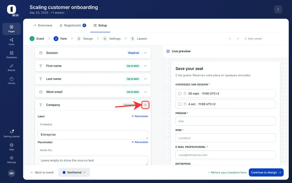 The live preview on the right renders the form in the language shown.