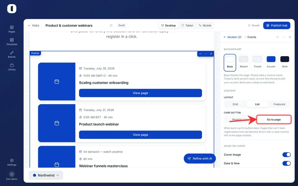 Dynamic event collection settings in a Venue hub