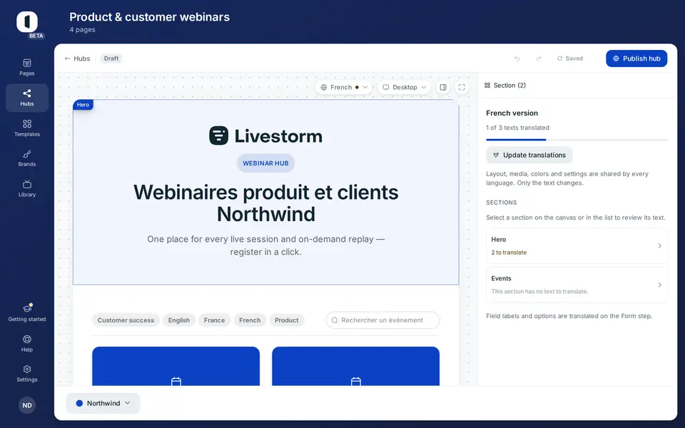 Pick a version: the canvas shows the hub as its visitors will see it in that language, and the right panel becomes the translation overview — how far along it is, and each section with its own status.