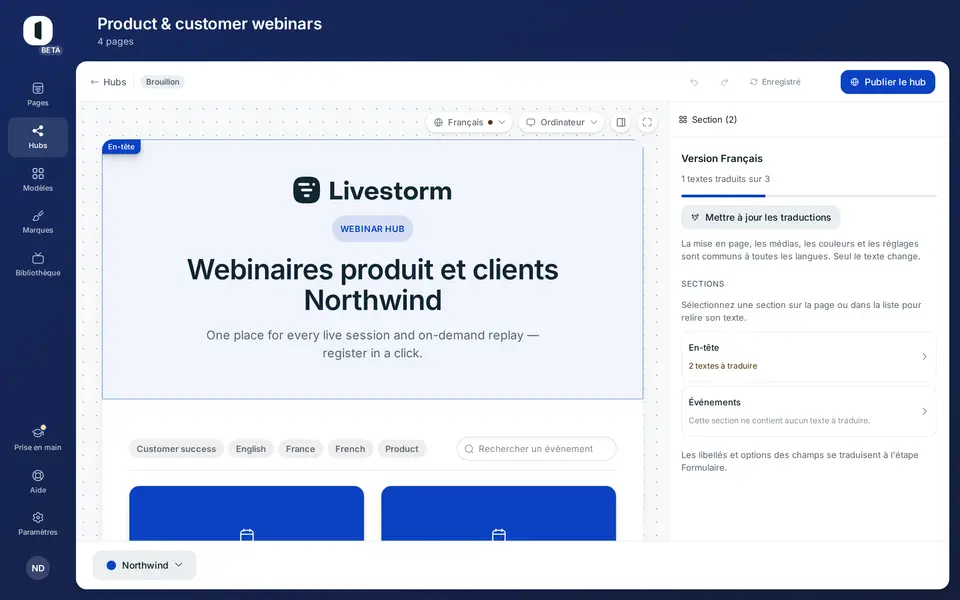 Choisissez une version : le canevas affiche le hub tel que ses visiteurs le verront dans cette langue, et le panneau de droite devient la vue d’ensemble de la traduction : son avancement, et chaque section avec son état.