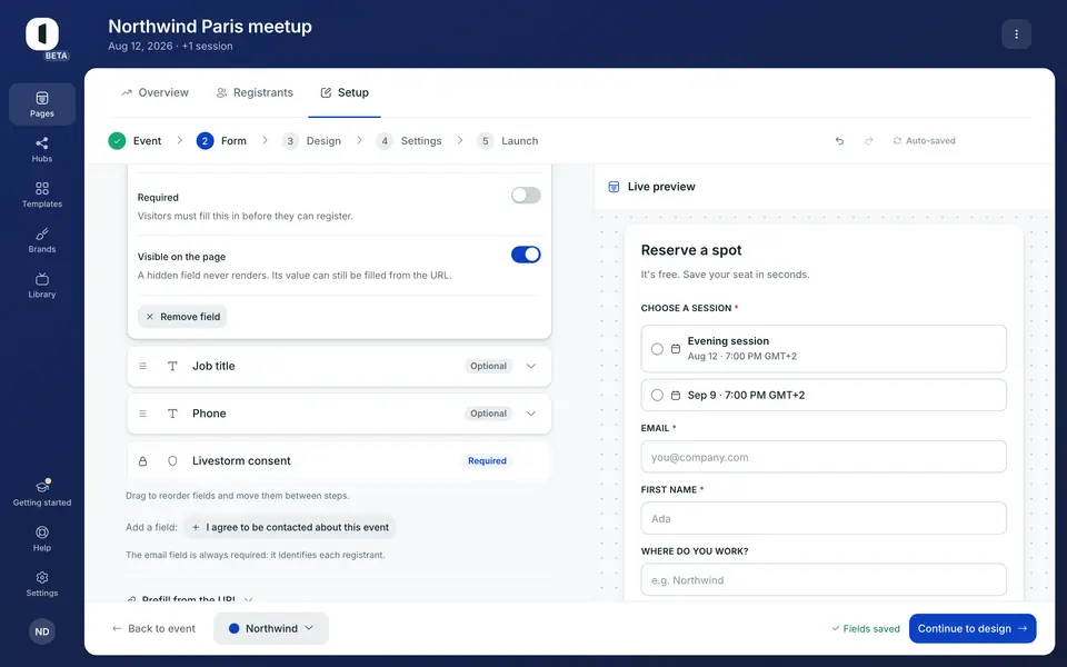Add what you need from “Add a field”: phone, job title, company, or a consent checkbox. “Remove field”, in the open card, takes one back out.