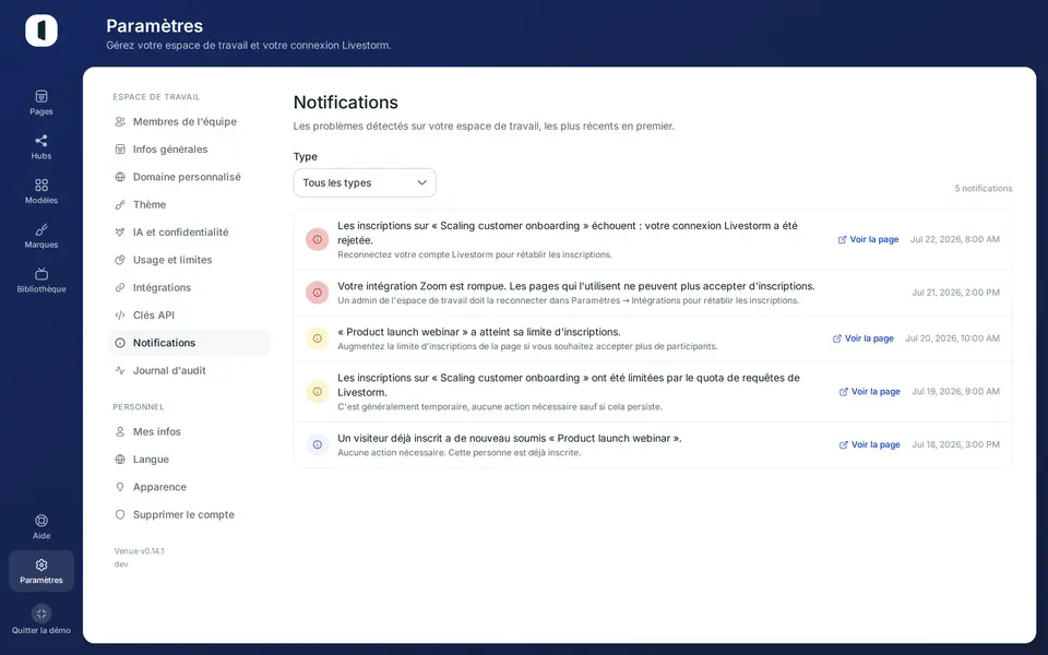 Ouvrez Paramètres → Notifications. Les problèmes sont listés du plus récent au plus ancien, chacun avec une pastille colorée : rouge pour une erreur à corriger, orange pour un avertissement, bleu pour information.