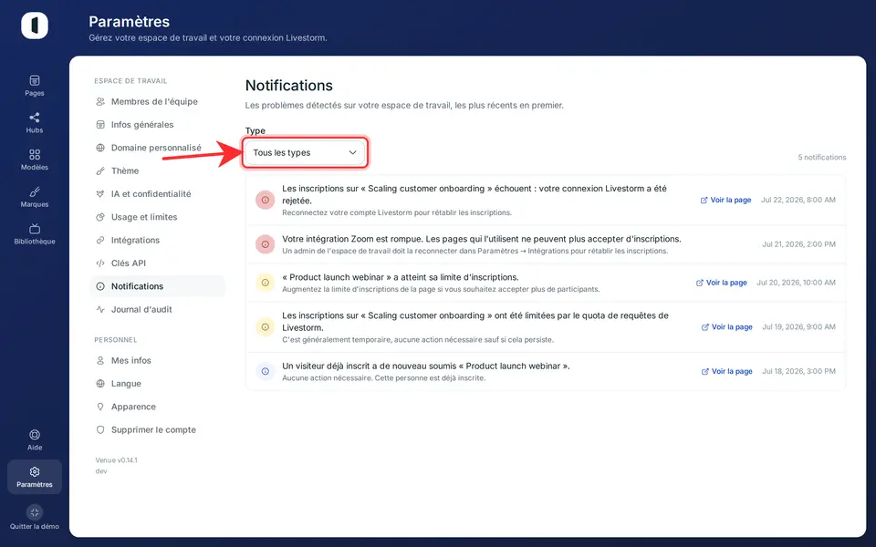 Utilisez le filtre « Type » pour ne garder qu’une catégorie — connexion rejetée, inscriptions complètes, limite de requêtes, etc. Le compteur à droite indique le nombre de notifications correspondantes.