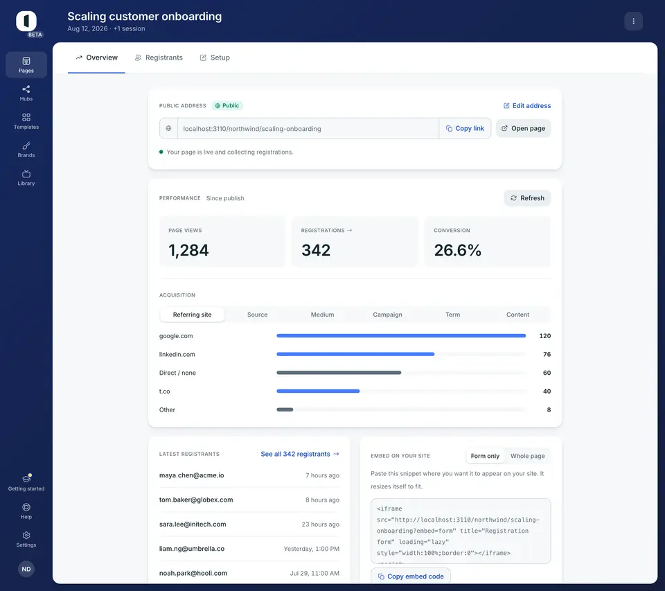 Open a published page, select the “Overview” tab and scroll to the acquisition breakdown, under the numbers in the Performance card.
