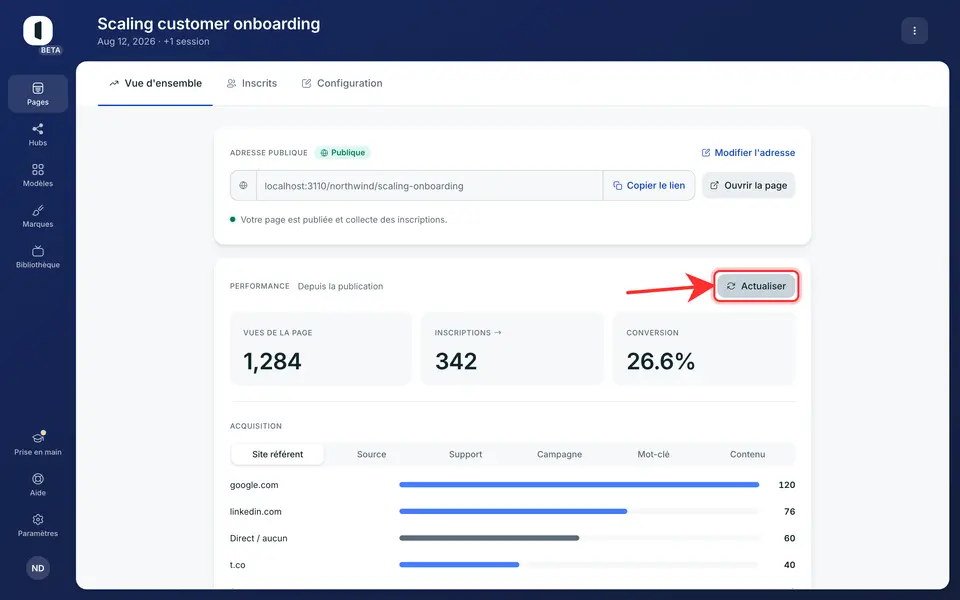 La conversion correspond au rapport inscriptions / vues. Cliquez sur « Actualiser » pour rafraîchir les chiffres.