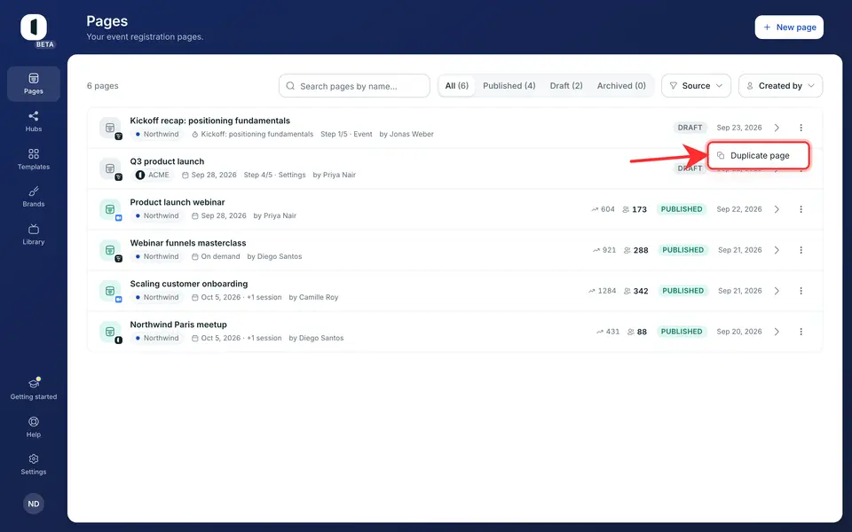 In the Pages tab, open the ⋯ menu at the end of the page’s row and pick “Duplicate page”.