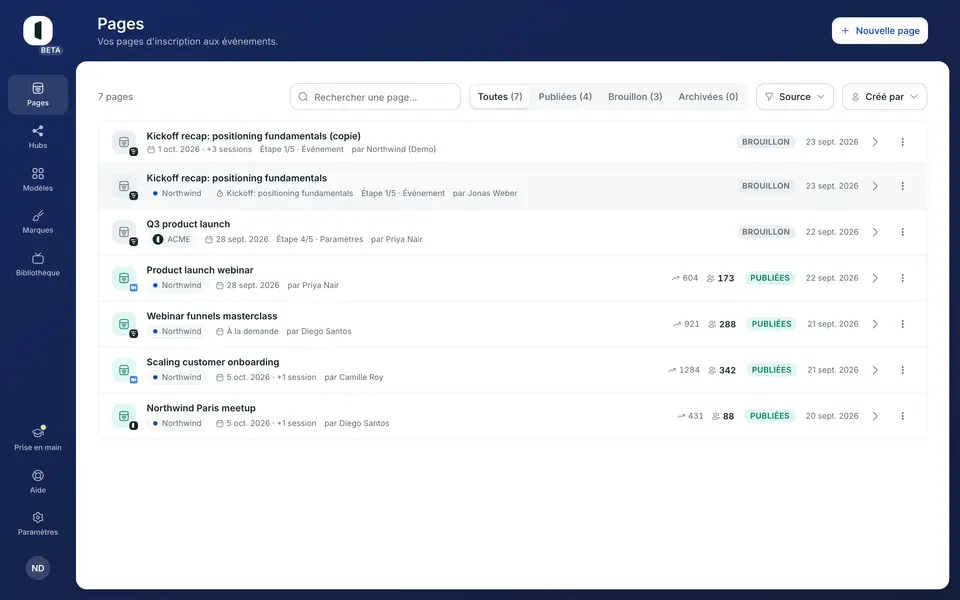 La copie arrive en tête de liste, en brouillon, sous le nom de la page suivi de « (copie) ». Vous restez sur la liste, avec votre recherche et vos filtres tels quels.