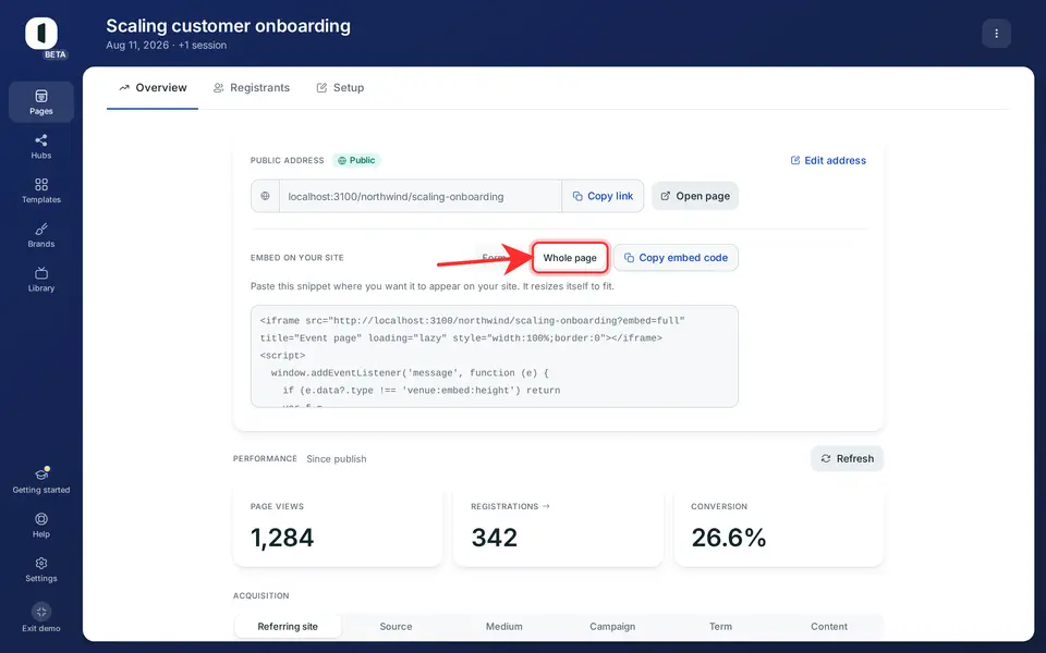 Venue embed options for a form or a whole registration page