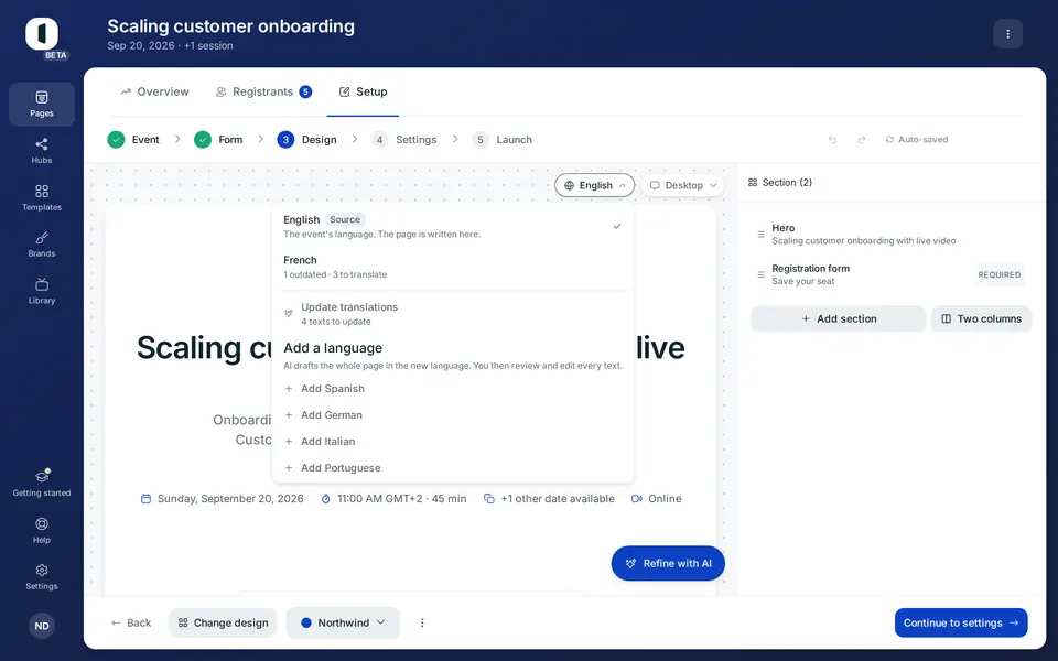 Add a language drafts the whole page with AI. You review every text afterwards.