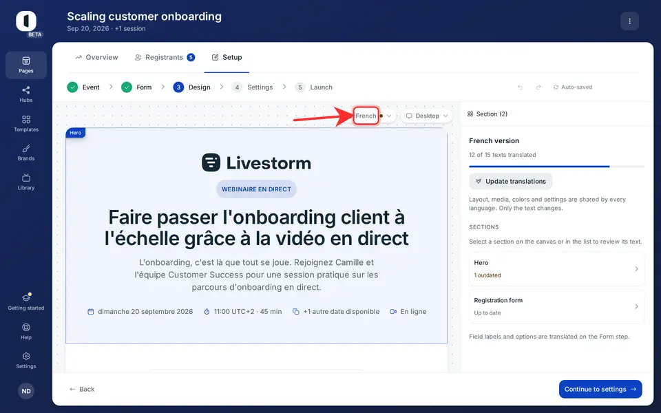 Pick a version: the canvas shows the page as its visitors will see it in that language, and the right panel becomes the translation overview.