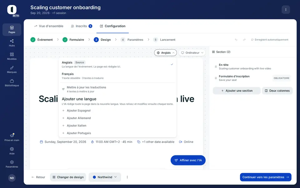 Ajouter une langue rédige toute la page avec l'IA. Vous relisez ensuite chaque texte.
