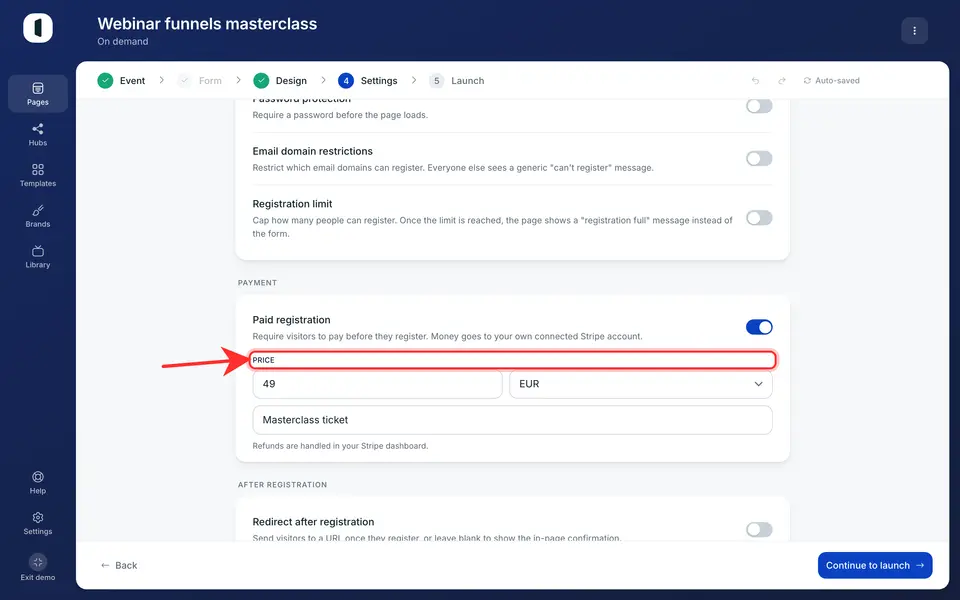 Paid registration price and currency settings in Venue