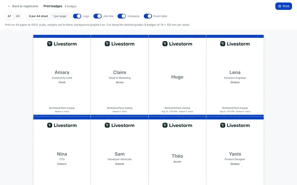 The print view stacks one badge per registrant, alphabetically: your logo and accent color, their name, their job title and company when you collect them, and the event with its venue.