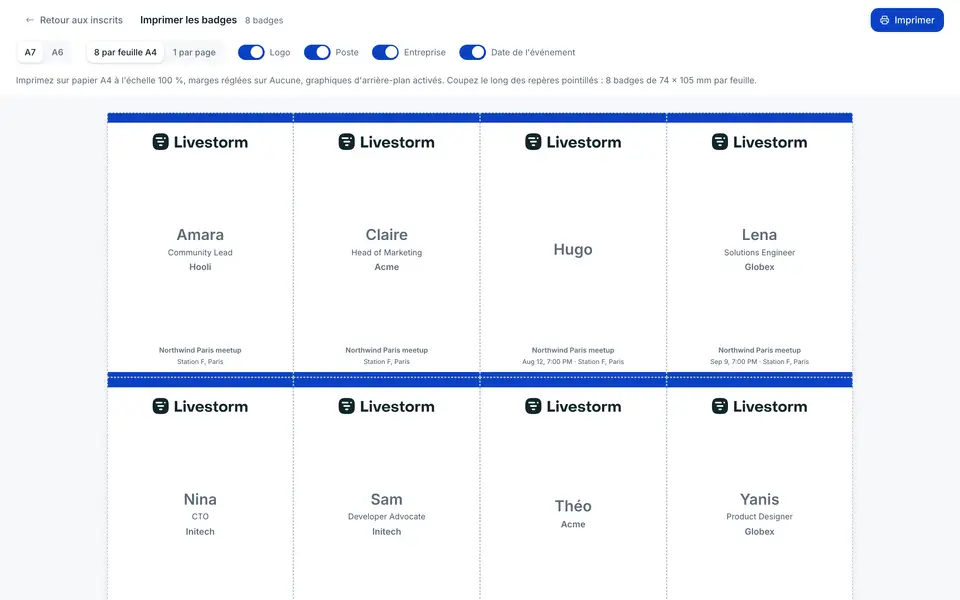 La vue d'impression empile un badge par inscrit, par ordre alphabétique : votre logo et votre couleur d'accent, son nom, sa fonction et son entreprise quand vous les collectez, et l'événement avec son lieu.
