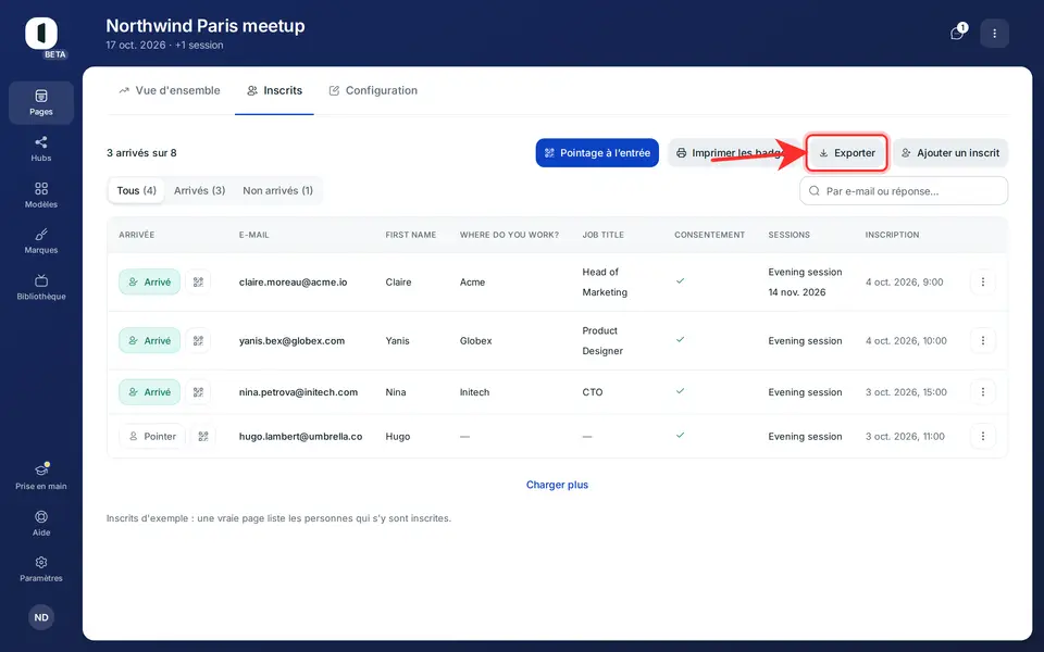 Ouvrez l'onglet « Inscrits » d'une page publiée. « Exporter » se trouve avec les autres actions, au-dessus du tableau.
