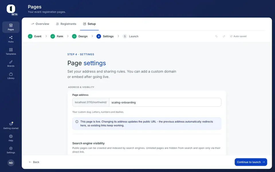 Open your page in the builder, on step 4 · Settings. The “Require approval” block sits below the access rules (free pages only).