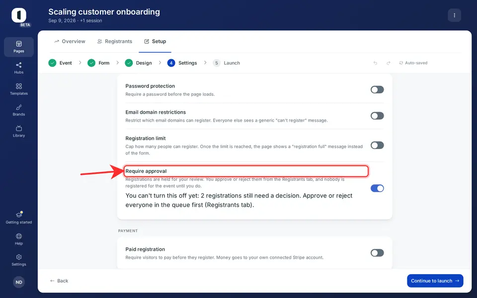 Require approval toggle in Venue page settings