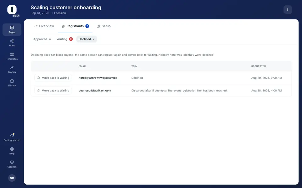 The Declined view, with a reason per request and a Move back to Waiting button