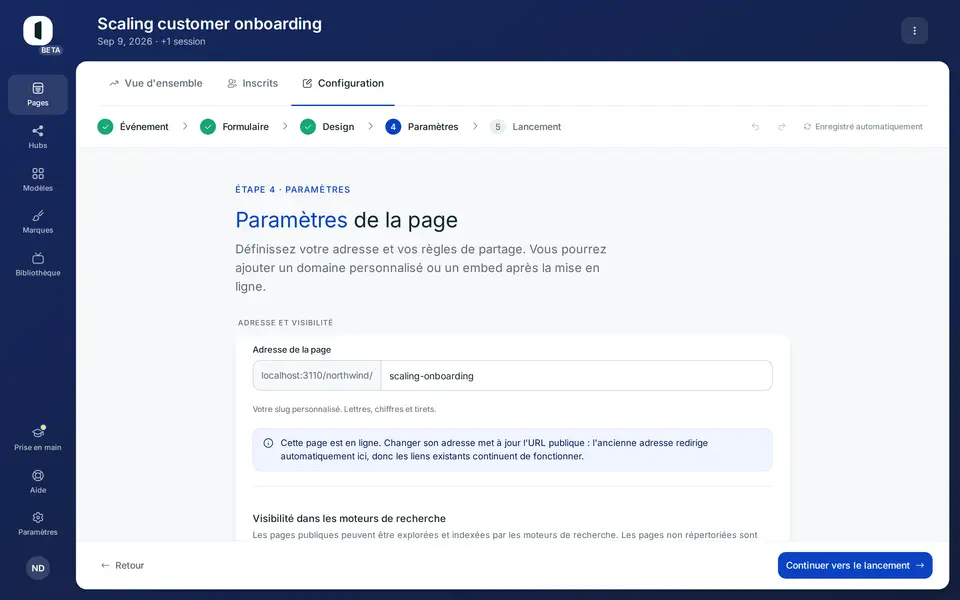 Ouvrez votre page dans le builder, à l'étape 4 · Paramètres. Le bloc « Approbation requise » se trouve sous les règles d'accès (pages gratuites uniquement).