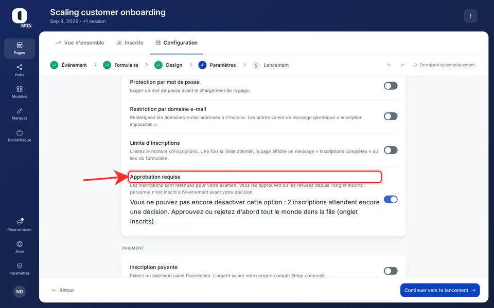 Interrupteur Approbation requise dans les paramètres de page Venue