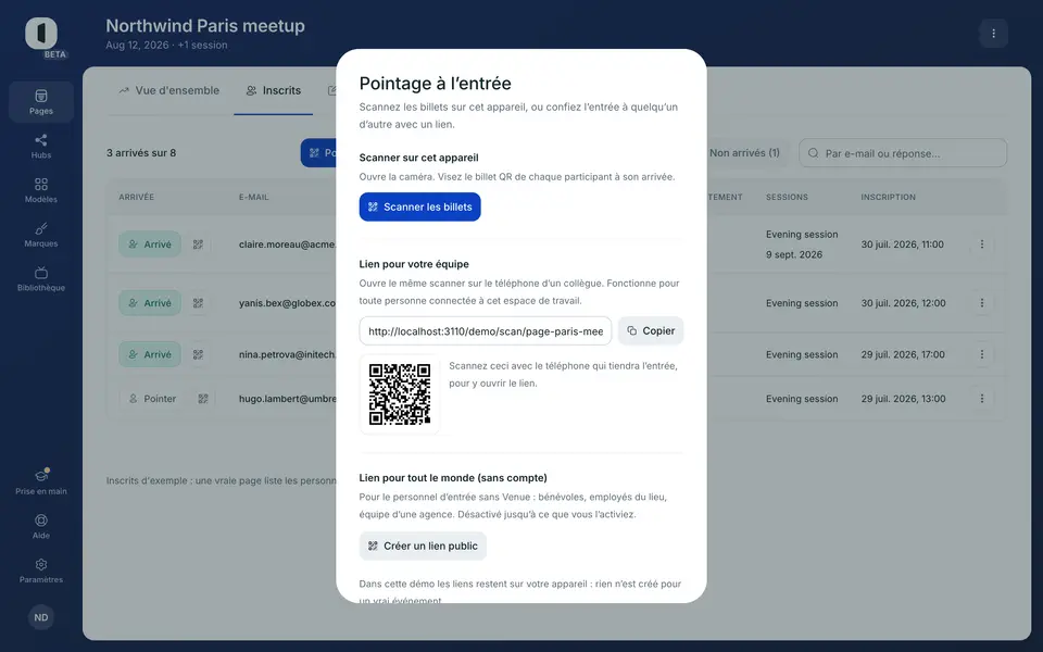 Scanner de billets QR Venue prêt à pointer un participant